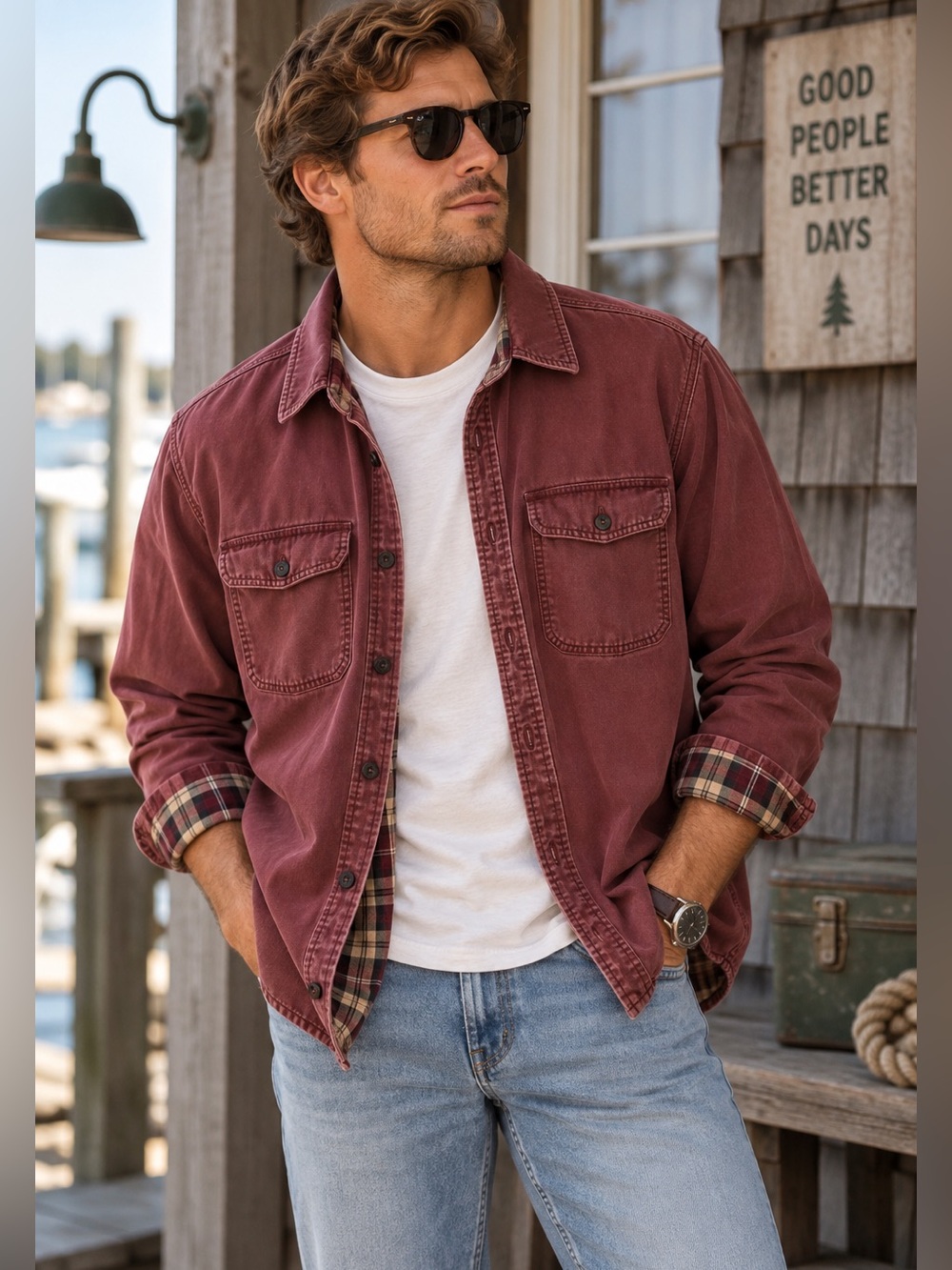 L.L.Bean Men’s Large Burgundy Plaid Lined Shirt Jacket Cotton Chore Shacket